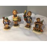 FOUR WEST GERMAN HUMMEL FIGURES - CONRATULATIONS, GIRL STANDING AT FENCE TALKING TO BIRD, GIRL