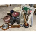 AN ASSORTMENT OF ITEMS TO INCLUDE A BAROMETER, BINOCULARS AND A DECANTER ETC