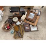 AN ASSORTMENT OF ITEMS TO INCLUDE, BINOCULARS, CAMERAS AND AN ASSORTMENT OF TREEN ITEMS ETC