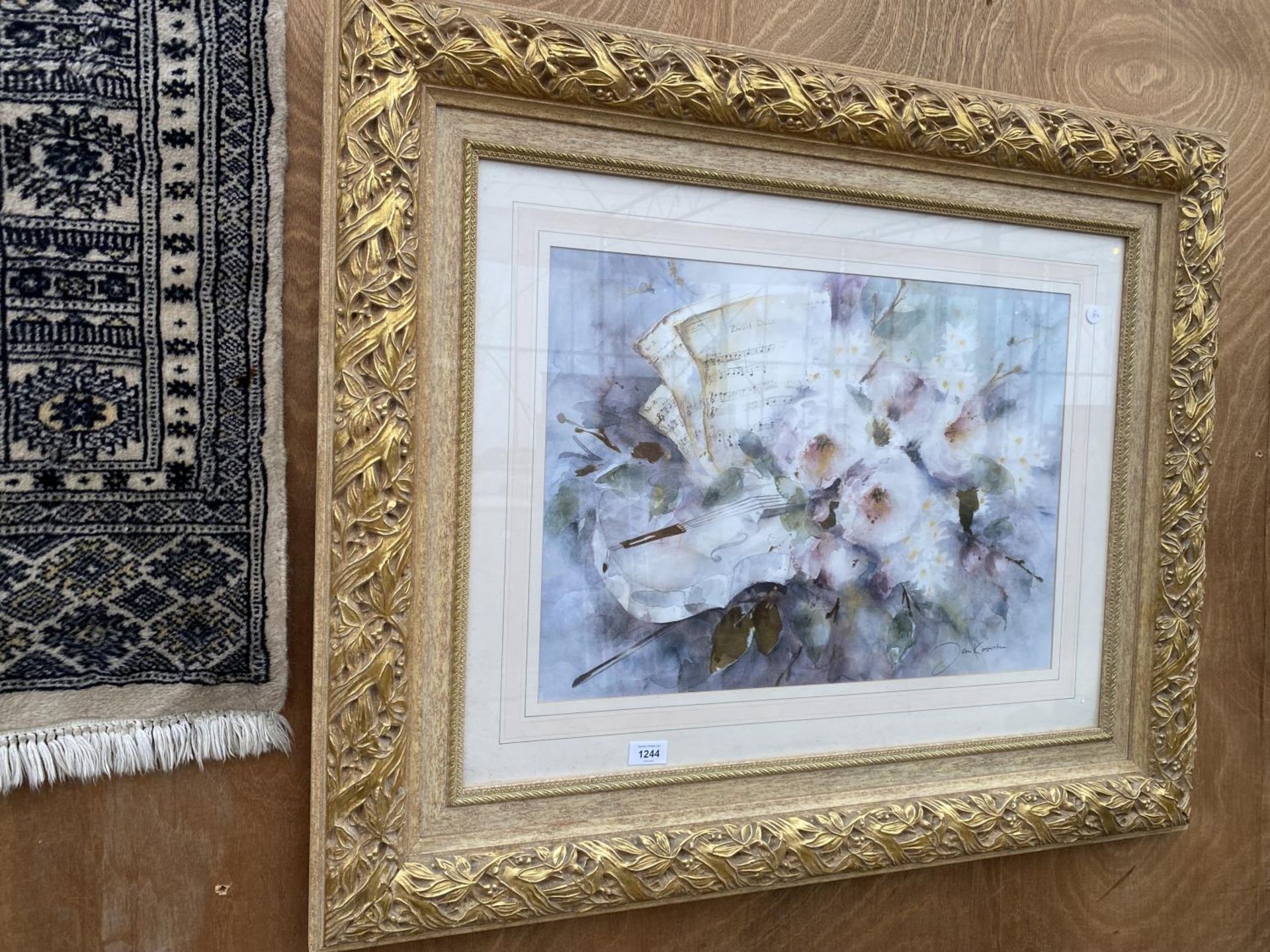 A LARGE GILT FRAMED PRINT OF LILLIES SIGNED TO THE BOTTOM RIGHT