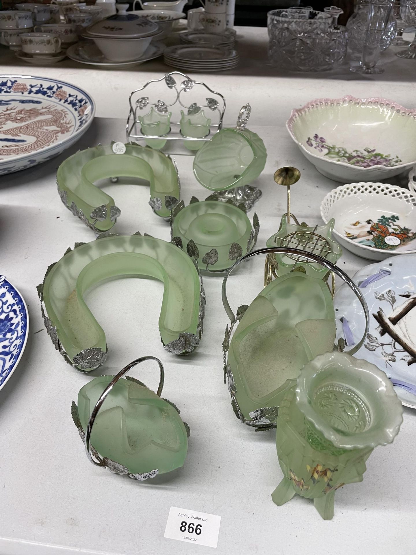 A QUANTITY OF FROSTED GREEN GLASSWARE FOR FLOWER ARRANGING INCLUDING HORSESHOE SHAPED ROUND, ETC