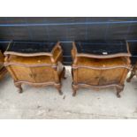 A PAIR OF CONTINENTAL VICTORIAN WALNUT TWO DOOR BEDSIDE LOCKERS ON CARVED CABRIOLE LEGS AND BLACK