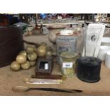 A COLLECTION OF ITEMS INCLUDING VINTAGE PEN KNIVES, VINTAGE TALCUM POWDER, CERAMIC GRAPES, PLANT