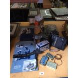 A QUANTITY OF COLLECTABLES INCLUDING TWO SILVER ITEMS, CAMERA, BINOCULARS, ROYALTY BOOKS, H.M.S. ARK