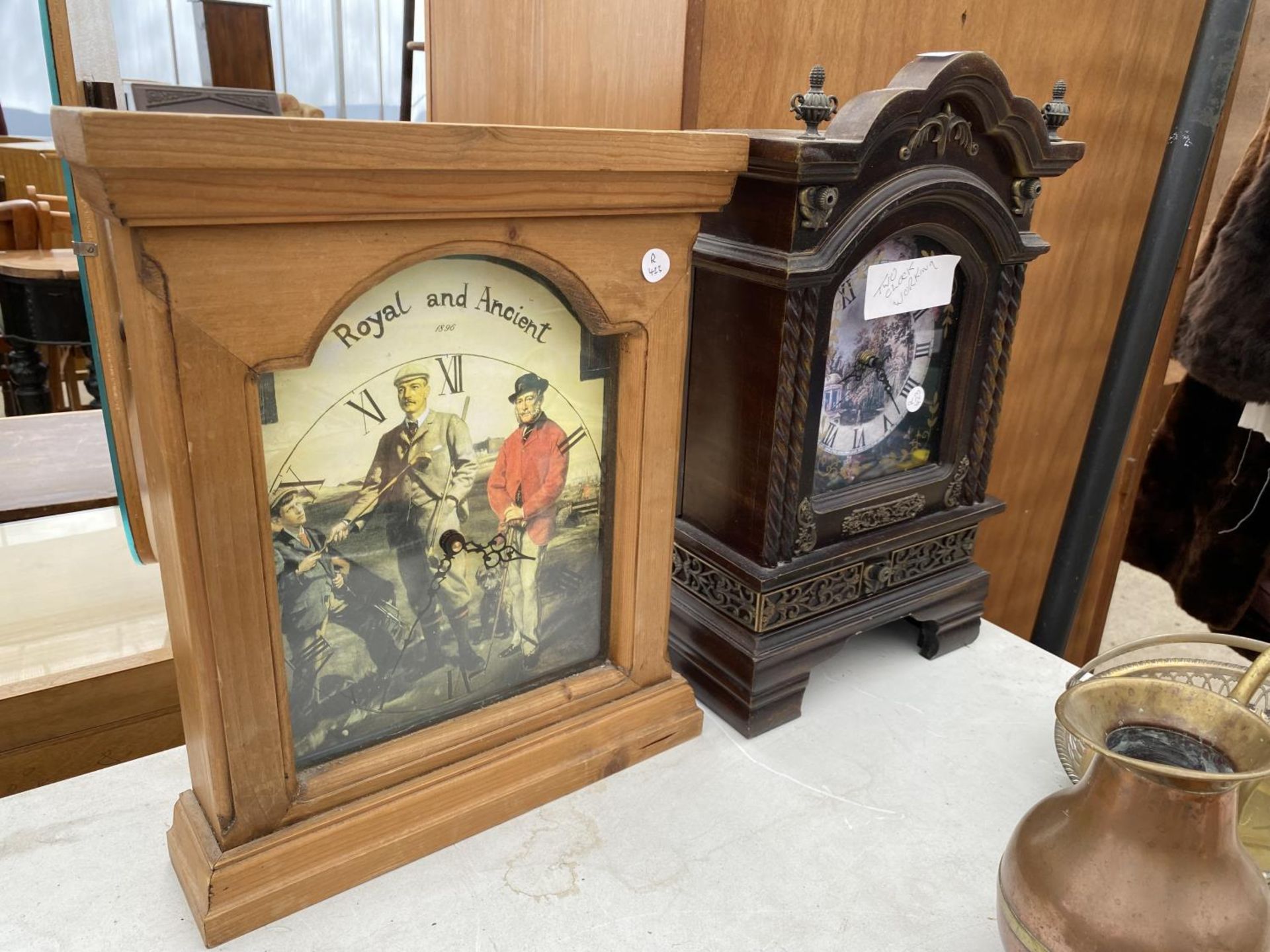 A PINE CASED WALL CLOCK AND A DECORATIVE MANTLE CLOCK BOTH BELIEVED WORKING BUT NO WARRANTY - Image 2 of 3