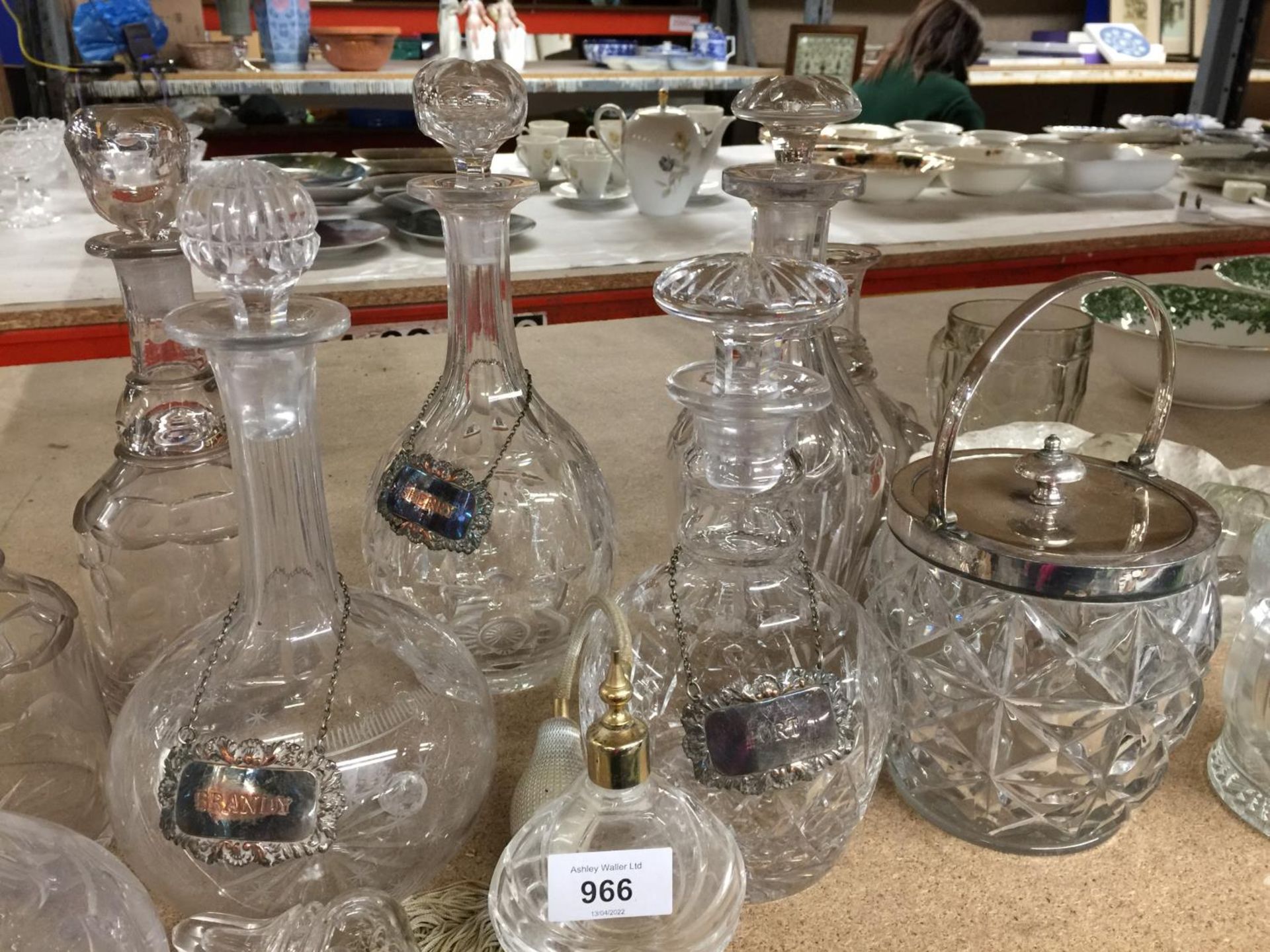 A QUANTITY OF GLASSWARE INCLUDING MAINLY DECANTERS, SOME WITH NAME TAGS PLUS A SCENT BOTTLE, BISCUIT - Image 4 of 6