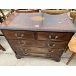 A REPRODUCTION MAHOGANY AND INLAID CHEST OF TWO SHORT AND THREE LONG DRAWERS, THE TOP WITH INLAID