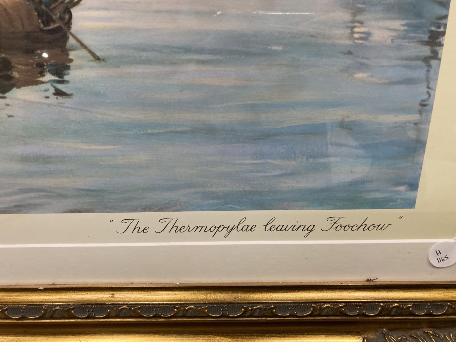 A LARGE ORNATE EMBOSSED GILT FRAMED PRINT OF THE THERMOPYLAE LEAVING FOOCHOW BY MONTAGUE DAWSON W: - Image 3 of 6