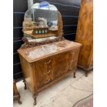 A CONTINENTAL VICTORIAN WALNUT MIRROR-BACK CHEST OF THREE DRAWERS, ON CARVED CABRIOLE LEGS WITH