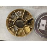 A METAL FLY BOX WITH CONTENTS OF COSTUME JEWELLERY, COINS, ETC