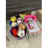 AN ASSORTMENT OF CHILDRENS TOYS TO INCLUDE FOOTBALLS, A DOLLS PRAM AND A BUZZ LIGHTYEAR ETC