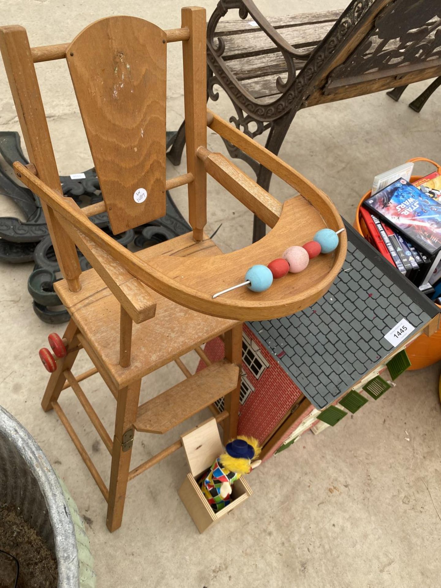 A SMALL WOODEN DOLLS HOUSE AND A DOLLS HIGH CHAIR - Image 3 of 5