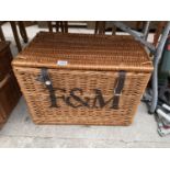 A VINTAGE FORTNUM AND MASON WICKER PICNIC HAMPER BASKET