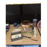 A QUANTITY OF TREEN ITEMS INCLUDING A MUSICAL BOX, CRUMB TRAY AND BRUSH, BOWL, ORIENTAL STYLE