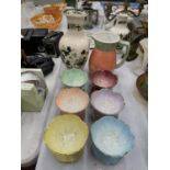 A SET OF SIX COLOURED BESWICK LUSTRE BOWLS PLUS TWO MASON'S CHARTREUSE VASES AND A DUDSON JUG