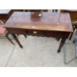 A VICTORIAN STYLE HARDWOOD SIDE TABLE WITH SINGLE DRAWER, HAVING BRASS SCOOP HANDLE