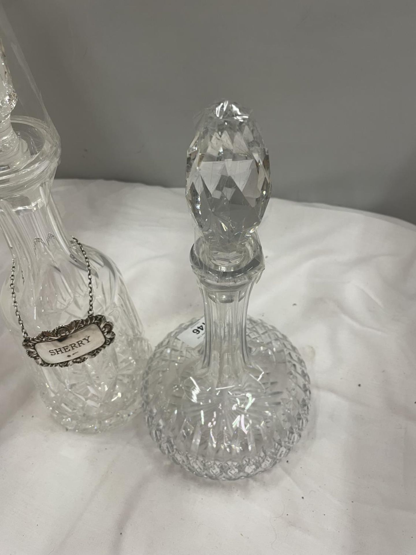 TWO CUT GLASS DECANTERS, ONE WITH A SILVER 'SHERRY' COLLAR - Image 4 of 4