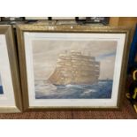 A LARGE GILT FRAMED SIGNED LIMITED EDITION PRINT OF ROYAL CLIPPER UNDER FULL SAIL BY GEOFF HUNT NO.4