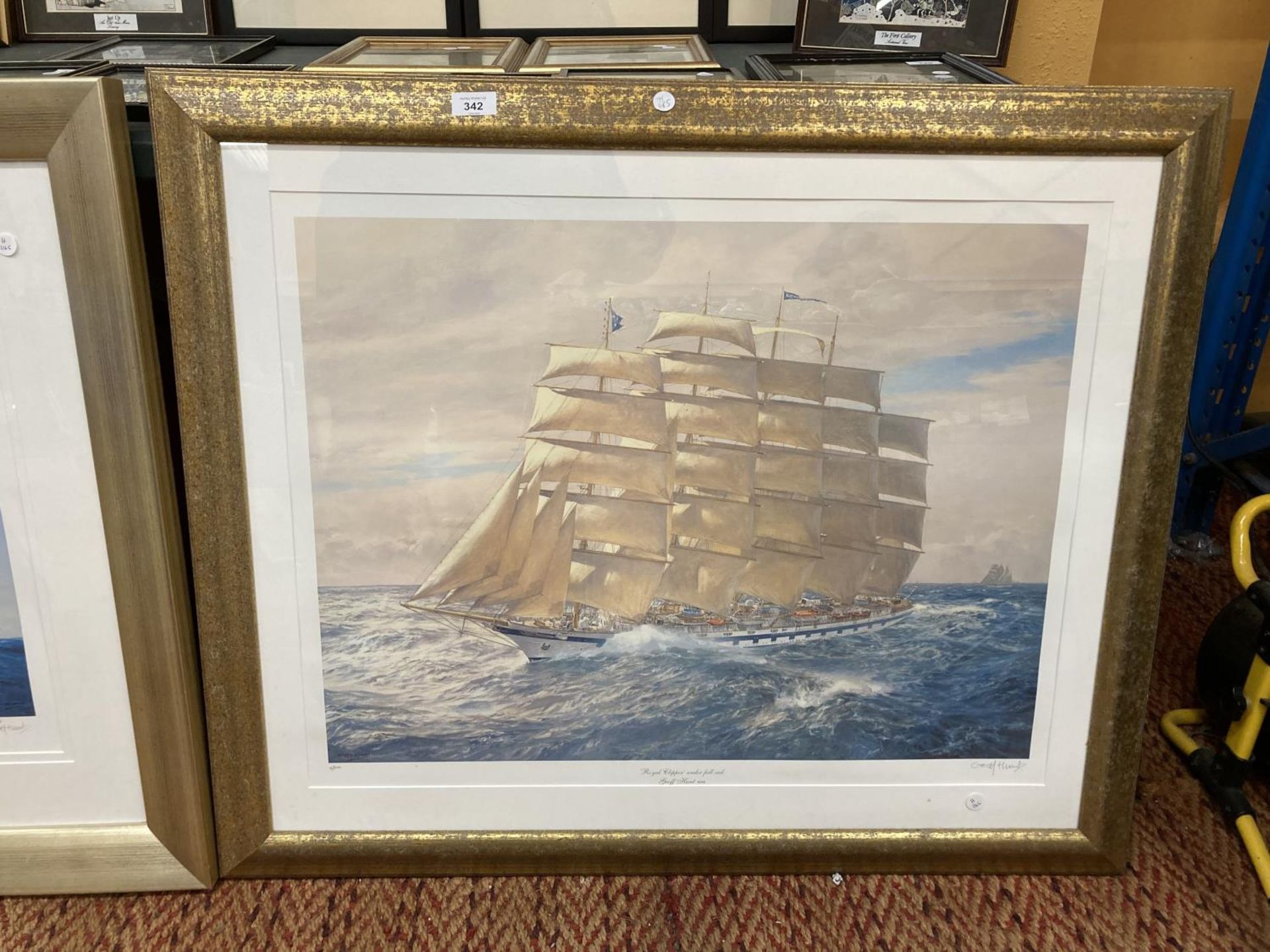 A LARGE GILT FRAMED SIGNED LIMITED EDITION PRINT OF ROYAL CLIPPER UNDER FULL SAIL BY GEOFF HUNT NO.4