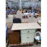 AN ASSORTMENT OF HOUSEHOLD CLEARANCE ITEMS TO INCLUDE CUPBOARDS AND A CHAIR ETC