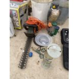 AN ASSORTMENT OF ITEMS TO INCLUDE A HEDGE TRIMMER, AND BIRD FEEDERS ETC