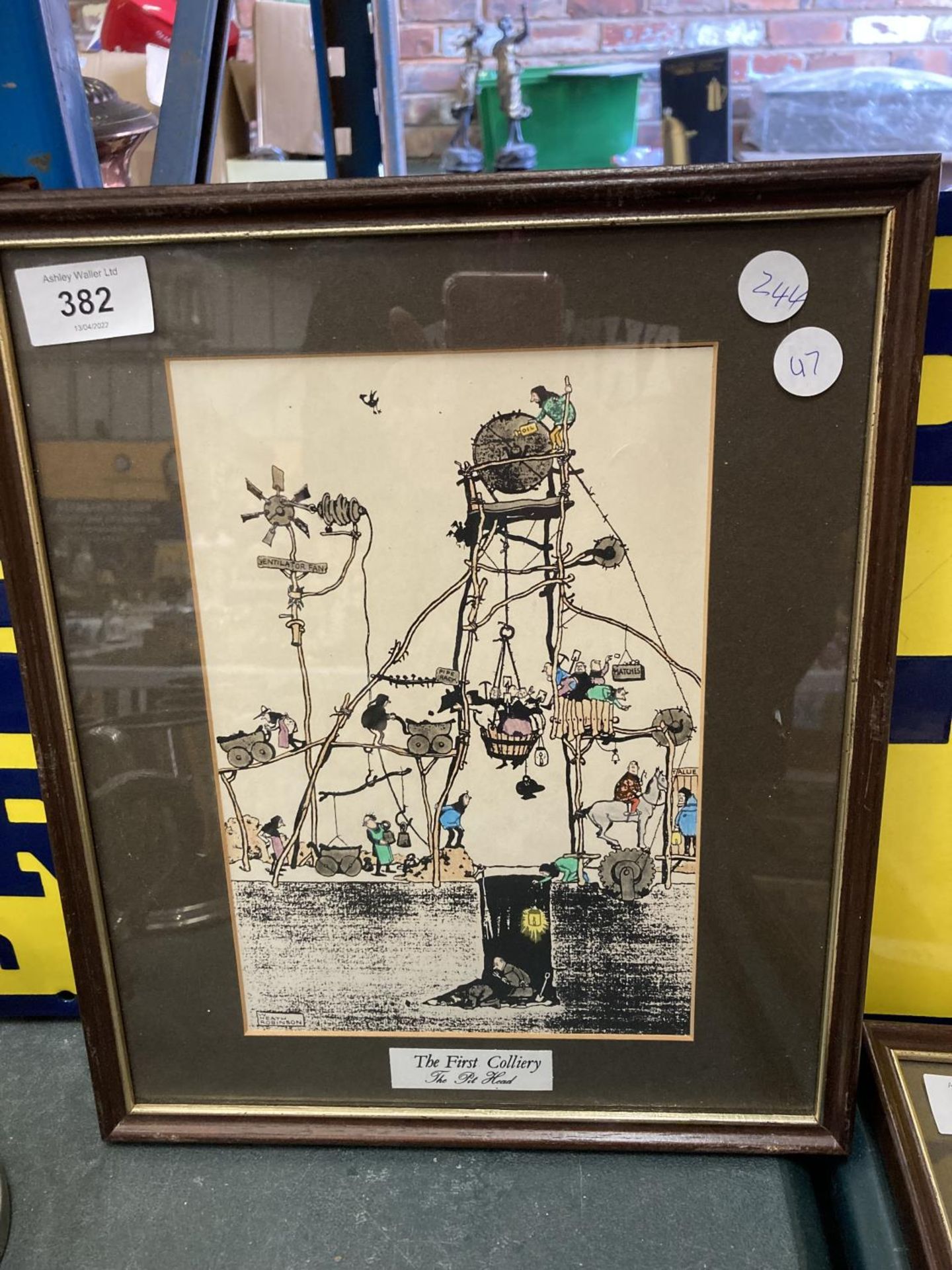 A FRAMED THE FIRST COLLIERY DRAWING OF THE PIT HEAD BY W. HEATH ROBINSON