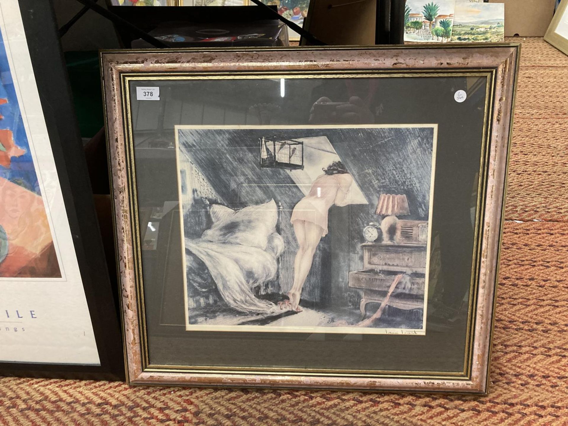 A FRAMED PRINT OF A FEMALE IN NIGHTWEAR LEANING OUT OF A WINDOW H: 62CM W: 68CM