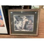 A FRAMED PRINT OF A FEMALE IN NIGHTWEAR LEANING OUT OF A WINDOW H: 62CM W: 68CM