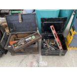TWO VINTAGE TOOL CHESTS CONTAING VARIOUS TOOLS SUCH AS SPANNERS, STILSENS AND A BRACE DRILL ETC