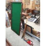 A SNOOKER TABLE WITH CUES, SNOOKER AND POOL BALLS, 72X36"