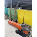 A FLYMO GARDEN VAC AND A METAL SACK TRUCK