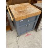 A MODERN KITCHEN WORK STATION ON CASTERS, PAINTED GREY WITH WOOD BLOCK TOP AND GLASS HANDLES