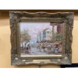 A GILT FRAMED OIL ON CANVAS OF A PARIS STREET SCENE SIGNED BY ARTIST M. CHURCH W: 33CM