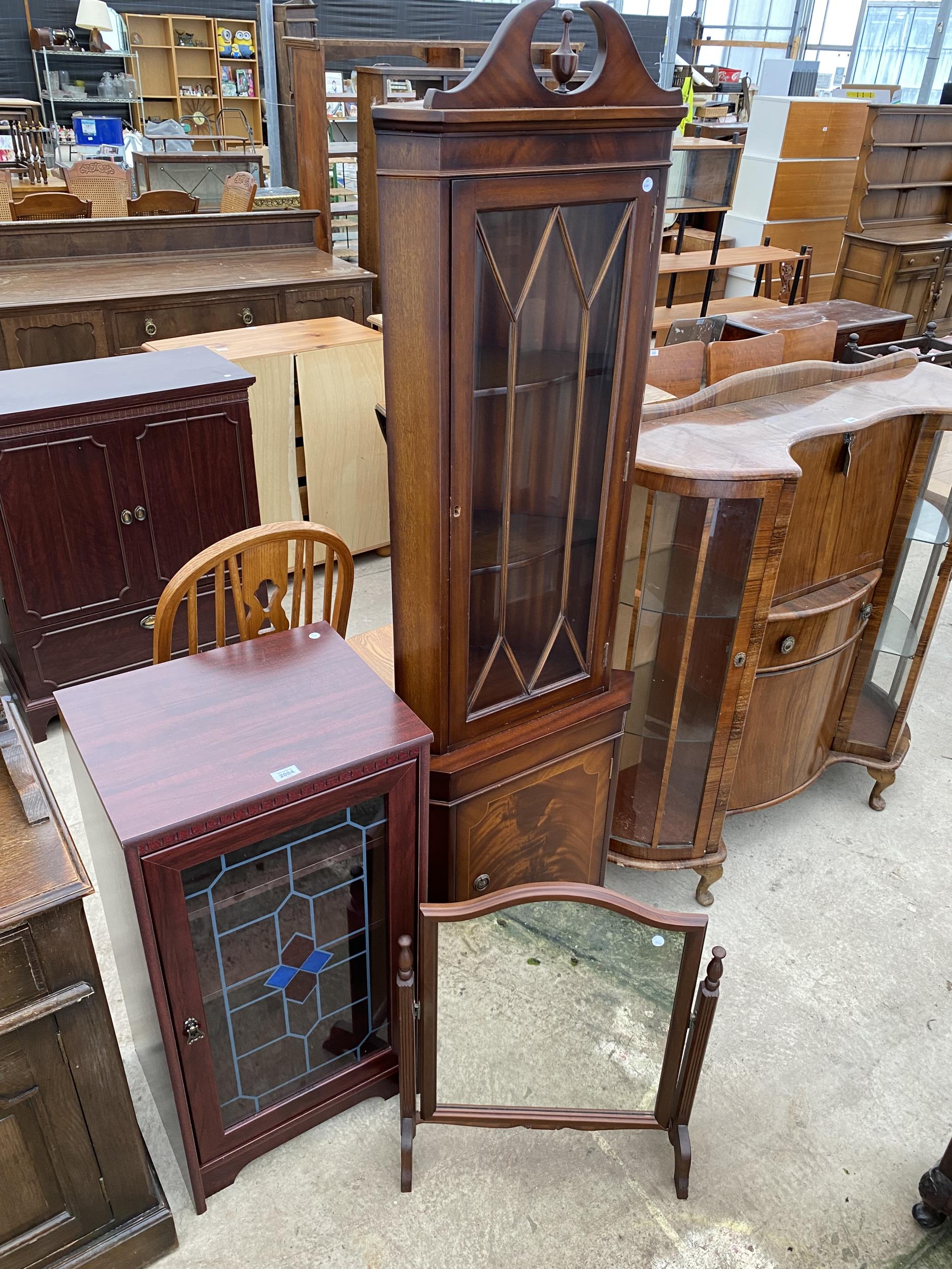 A MODERN MAHOGANY CORNER CUPBOARD, HI-FI CABINET AND SWING FRAME MIRROR