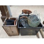AN ASSORTMENT OF PLANTERS AND WIRE HANGING BASKETS ETC