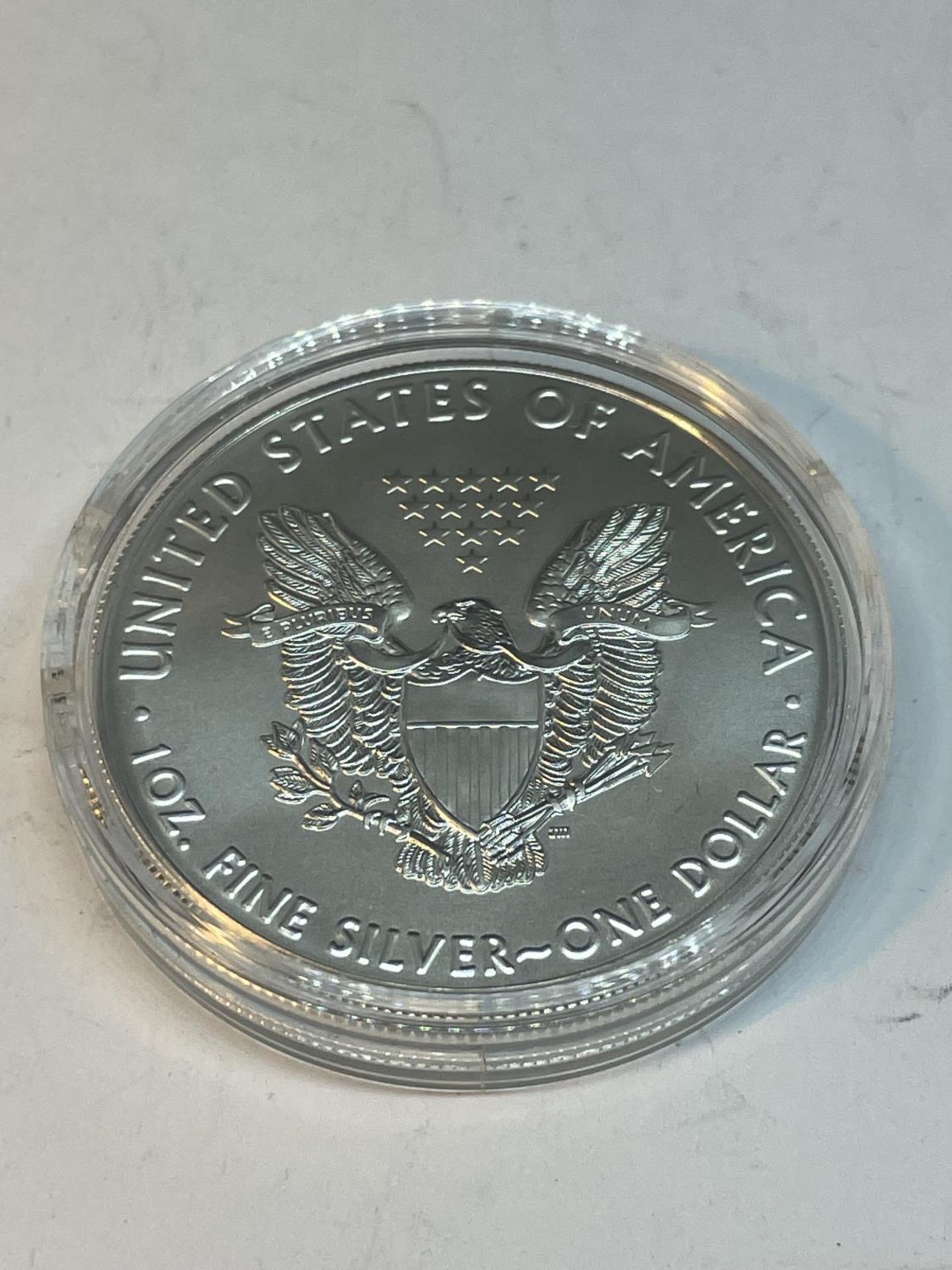 A SILVER PROOF ONE DOLLAR COIN IN A CAPSULE