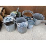 AN ASSORTMENT OF VINTAGE GALVANISED ITEMS TO INCLUDE THREE MOP BUCKETS AND TWO BUCKETS ETC