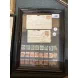 A FRAME CONTAINING A DISPLAY OF OLD STAMPS