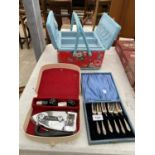 AN ASSORTMENT OF ITEMS TO INCLUDE SIX CASED EPNS FISH FORKS, A SEWING BASKET AND A TRAVEL IRON ETC