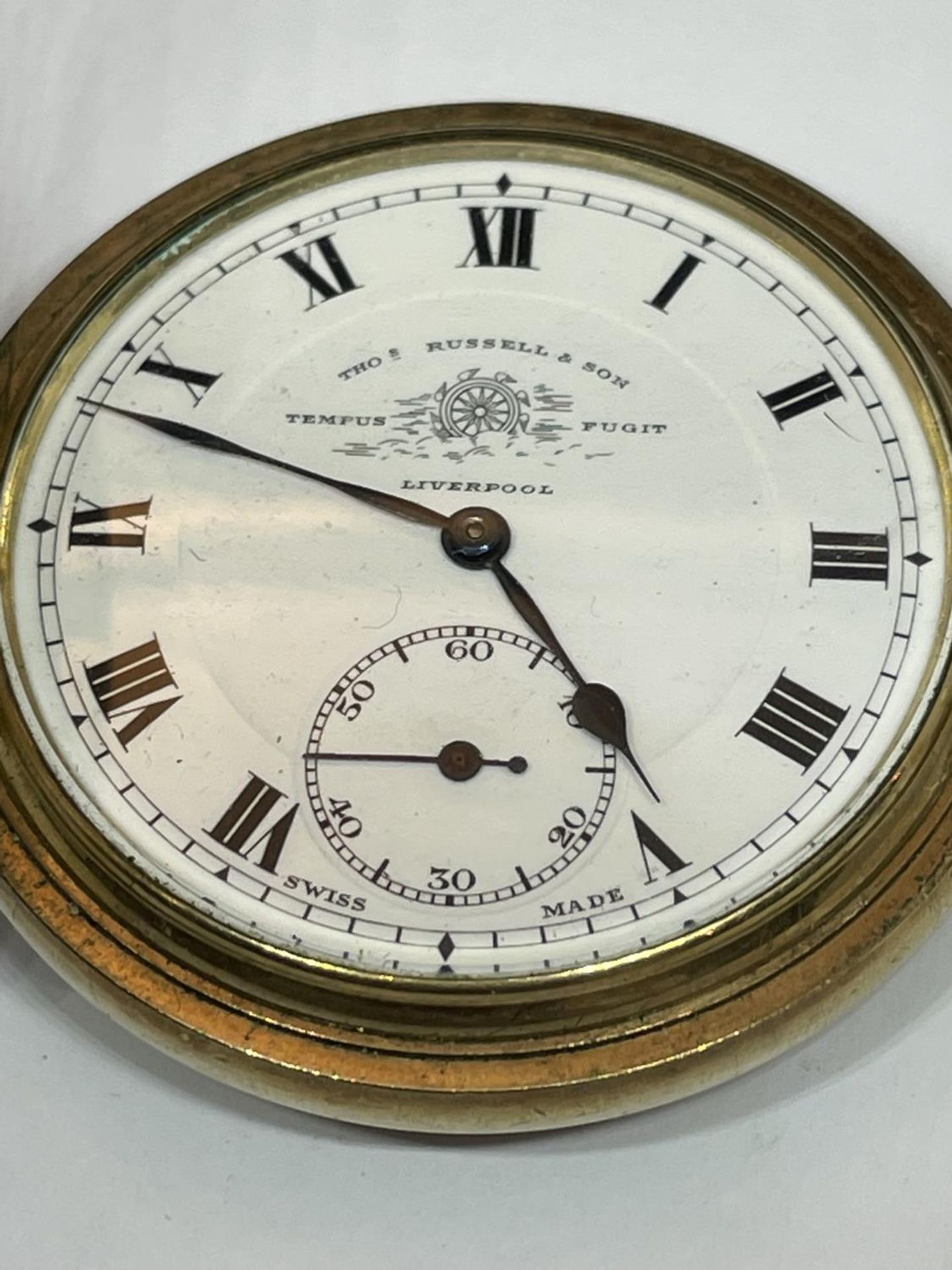 A GOLD PLATED THOS RUSSELL AND SON LIVERPOOL POCKET WATCH SEEN WORKING BUT NO WARRANTY IN A - Image 2 of 3