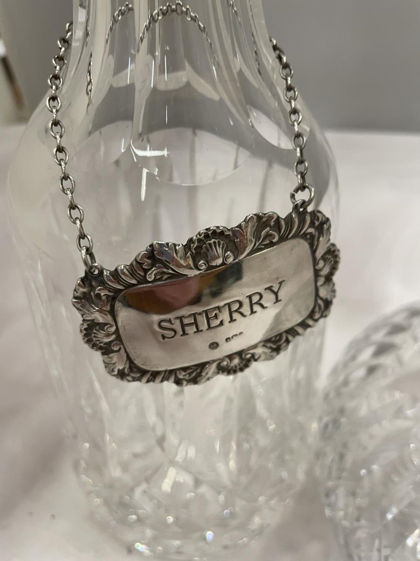 TWO CUT GLASS DECANTERS, ONE WITH A SILVER 'SHERRY' COLLAR - Image 3 of 4