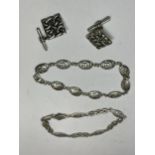THREE MARKED SILVER ITEMS TO INCLUDE TWO BRACELETS AND A PAIR OF CUFF LINKS POSSIBLY CHARLES