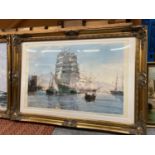 A LARGE ORNATE EMBOSSED GILT FRAMED PRINT OF THE THERMOPYLAE LEAVING FOOCHOW BY MONTAGUE DAWSON W: