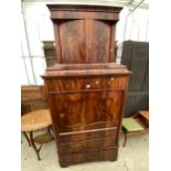 A 19TH CENTURY MAHOGANY HANGING WARDROBE WITH TWO SHAM DRAWERS, DRAWER TO THE BASE, THE TOP HAVING