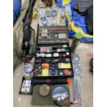 AN ASSORTMENT OF FISHING TACKLE TO INCLUDE HOOKS, LINE, WEIGHTS AND TACKLE BOXES ETC