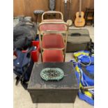 A THREE TIER TEA TROLLY, A DEED TIN AND A TRIVET STAND