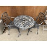 A VINTAGE ALLOY BISTRO SET COMPRISING OF A ROUND TABLE AND TWO CHAIRS