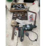 AN ASSORTMENT OF TOOLS TO INCLUDE A BOSCH DRILL, A TAP AND DIE SET AND A SMALL CLAMP ETC