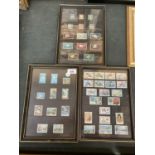 THREE FRAMED COLLECTIONS OF STAMPS TO INCLUDE EXAMPLES FROM KENYA, ANTIGUA AND JAMAICA