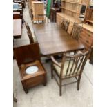 A REFECTORY STYLE DINING TABLE, 59X35" (LEAF 18") AND SIX DINING CHAIRS WITH TURNED SUPPORTS, TWO